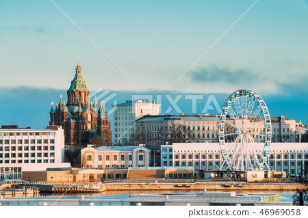 Helsinki, Finland. View Of Uspenski Cathedral On Hill And Ferris Helsinki, Finland. View Of Uspenski Cathedral On Hill And Ferris 46969058