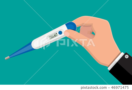 Hand holds thermometer. Checking temperature. Hand holds thermometer. Checking temperature. 46971475
