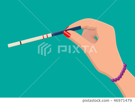 Pregnancy test strip in hand of woman. Pregnancy test strip in hand of woman. 46971479