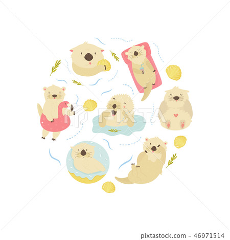 Set of cute swimming otters. Baby Print design Set of cute swimming otters. Baby Print design 46971514