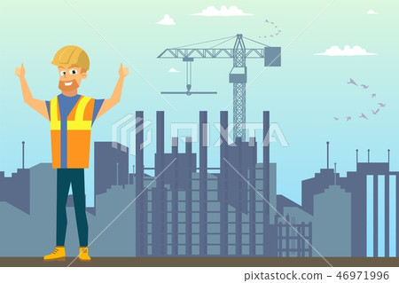 Builder on Construction Site Flat Vector Concept - Stock Illustration ...