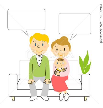 International married couple sitting on the sofa and half babies and speech bubbles 46972961