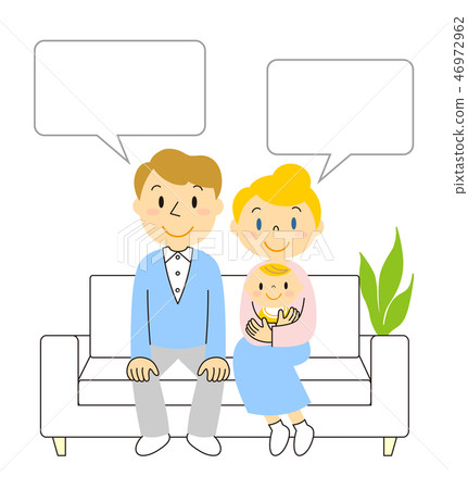 International married couple sitting on the sofa and half babies and speech bubbles 46972962