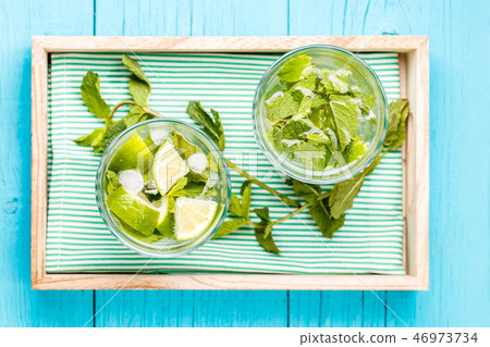 Two glasses of mojito in wooden box with mint Two glasses of mojito in wooden box with mint 46973734