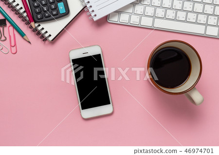Top view office desk with empty smartphone,  46974701