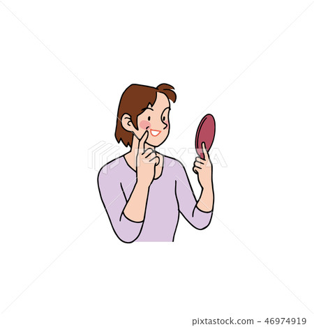 A happy wife looking at a hand mirror 46974919