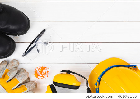 Banner image of construction safety equipment flat lay on white Banner image of construction safety equipment flat lay on white 46976119