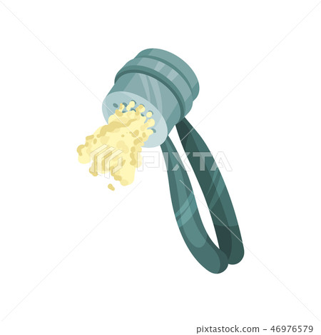 Press with crushed garlic. Steel manual device. Spicy condiment. Kitchen tool. Detailed flat vector Press with crushed garlic. Steel manual device. Spicy condiment. Kitchen tool. Detailed flat vector 46976579