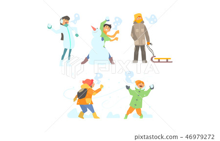 Winter activities set, making snowman, playing snowballs, kids having fun and enjoying snow vector Winter activities set, making snowman, playing snowballs, kids having fun and enjoying snow vector 46979272