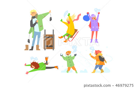 Winter activities set, children sledding, playing snowballs, kids having fun and enjoying snow Winter activities set, children sledding, playing snowballs, kids having fun and enjoying snow 46979275