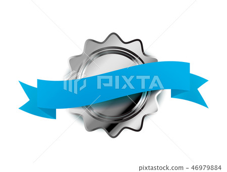 Silver label luxury badge with blue tape on white Silver label luxury badge with blue tape on white 46979884