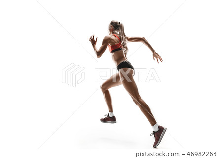 one caucasian woman running on white background one caucasian woman running on white background 46982263