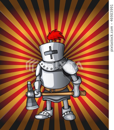 Cartoon postcard knight. Royal steel crusader armor on glittering red lights 46983991