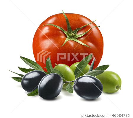 Tomato with black and green olives isolated Tomato with black and green olives isolated 46984785