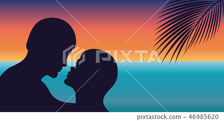 romantic kiss couple on the beach at sunset 46985620