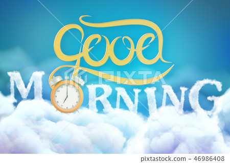 3d rendering of 'Good Morning' sign with golden alarm clock on blue sky white clouds background 46986408
