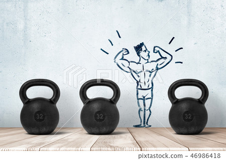 3d rendering of three kettlebells in a row on wooden floor with a little stylized image of athlete 46986418