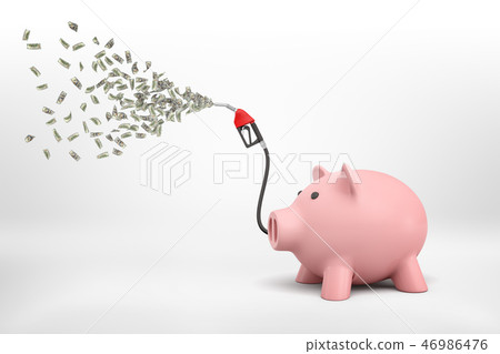 3d rendering of a piggy bank with a hose from a fuel filling column sprinkling cash out of it. 3d rendering of a piggy bank with a hose from a fuel filling column sprinkling cash out of it. 46986476