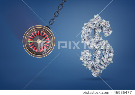 3d rendering of a large casino roulette swings on a metal chain ready to destroy a large dollar sign 3d rendering of a large casino roulette swings on a metal chain ready to destroy a large dollar sign 46986477