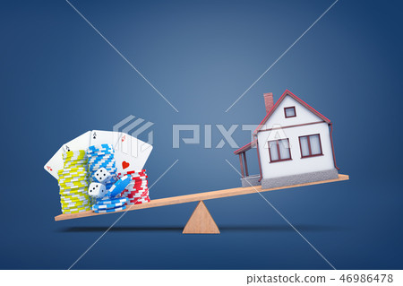 3d rendering of a wooden seesaw with casino chips, cards and dice overweighing a small house. 46986478
