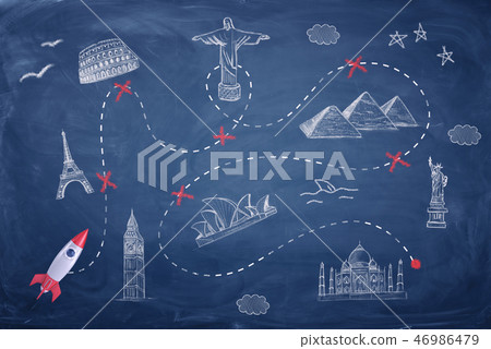 3d rendering of a blackboard with chalk drawing of famous world sight-seeing places with a rocket at 46986479