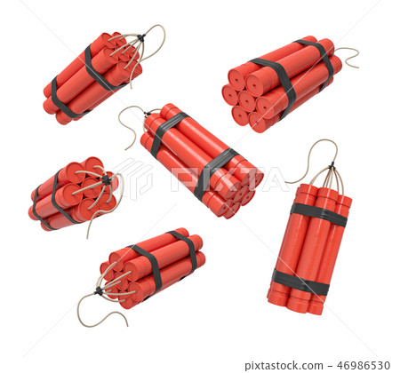 3d rendering of a set of bundles of dynamite sticks isolated on a white background. 3d rendering of a set of bundles of dynamite sticks isolated on a white background. 46986530