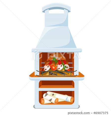 Stove for cooking meat and vegetables on fire isolated on white background. Vector cartoon close-up 46987375