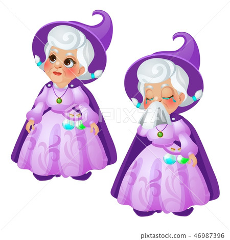 An elderly woman fairy in a purple suit and hat is crying isolated on white background. Vector An elderly woman fairy in a purple suit and hat is crying isolated on white background. Vector 46987396