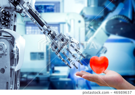 Human heart on hand send to a robot Human heart on hand send to a robot 46989637