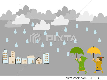 孩子穿著雨衣。雨的圖像例證。雨季的季節的插圖。兒童和下雨天 孩子穿著雨衣。雨的圖像例證。雨季的季節的插圖。兒童和下雨天 46993118