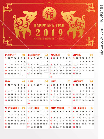 2019 year calendar with stylized pigs 2019 year calendar with stylized pigs 46993484