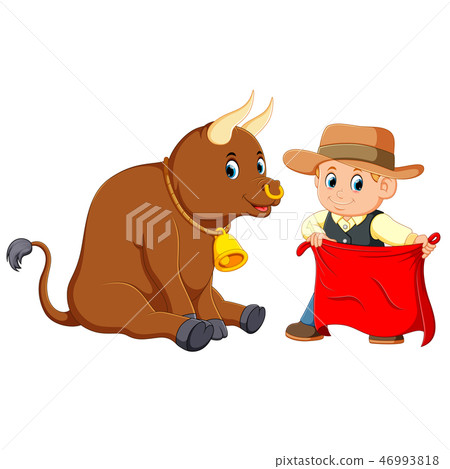 The boy uses the brown hat holding the red flag The boy uses the brown hat holding the red flag 46993818