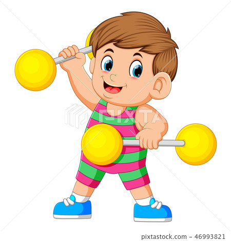 the boy playing and holding up the yellow barbells the boy playing and holding up the yellow barbells 46993821