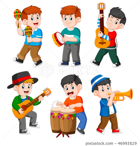 boy playing with the different musical instrument 46993829