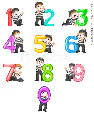 little pantomime boy with the 0 - 9 balloon number 46993831