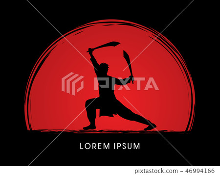 Kung Fu, Wushu with swords pose graphic vector Kung Fu, Wushu with swords pose graphic vector 46994166