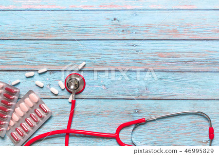 World health day red stethoscope and medicine 46995829