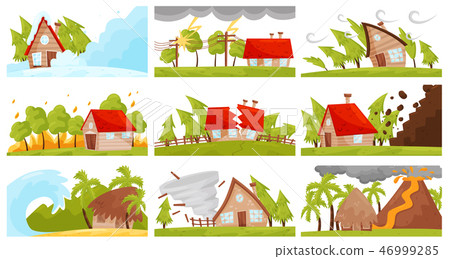 Flat vectoe set of natural disasters. Wildfire, volcanic eruption, avalanche, strong tornado Flat vectoe set of natural disasters. Wildfire, volcanic eruption, avalanche, strong tornado 46999285