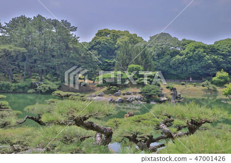Japanese garden with pond and river,  47001426