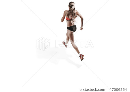 one caucasian woman running on white background one caucasian woman running on white background 47006264