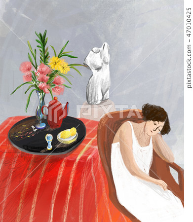 採取休息的婦女由紅色桌和靜物畫 47010425