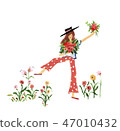 欣喜的婦女拿著在草的一朵花 47010432