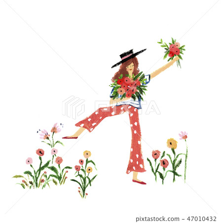 欣喜的婦女拿著在草的一朵花 47010432