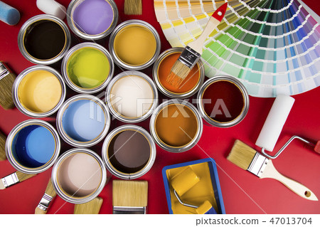 Collection of colored paints cans, Brush Collection of colored paints cans, Brush 47013704