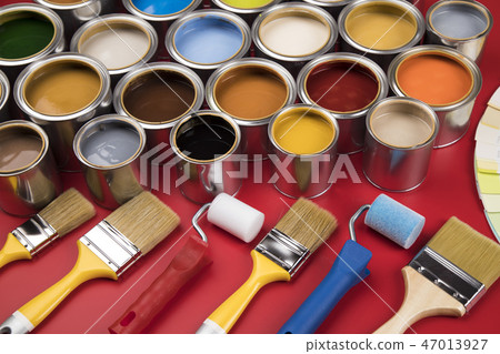 Brush, Paint cans palette, red background Brush, Paint cans palette, red background 47013927