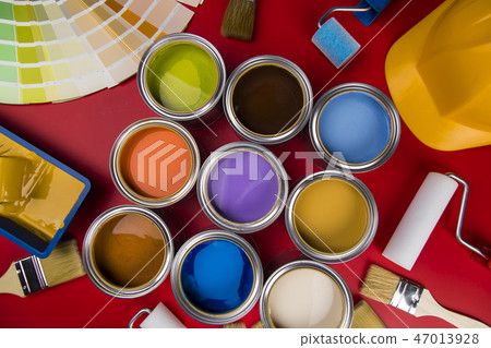 Brush, Paint cans palette, red background Brush, Paint cans palette, red background 47013928