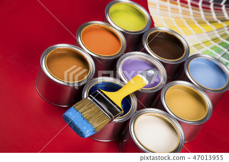Collection of colored paints cans, Brush, red  47013955
