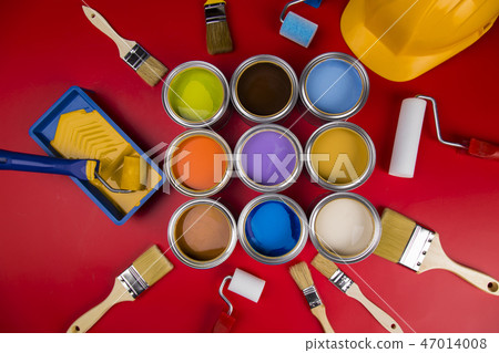 Brush, Paint cans palette, red background 47014008