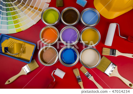 Brush, Paint cans palette, red background Brush, Paint cans palette, red background 47014234