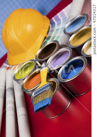 Brush, Paint cans palette, red background Brush, Paint cans palette, red background 47014317
